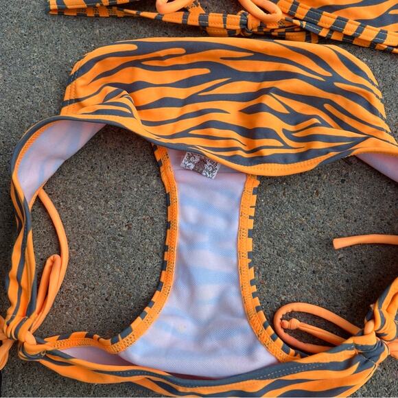 Vintage Y2K True Crush Orange Tiger Stripe Triangle Pushup Bikini Small/Medium - Picture 4 of 6
